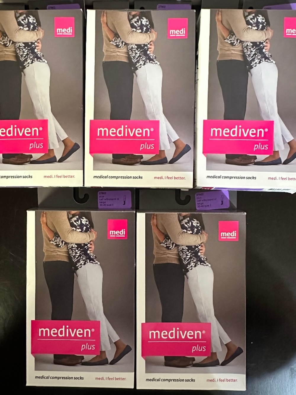 These are Mediven Plus medical compression socks in beige. 5 individual boxes